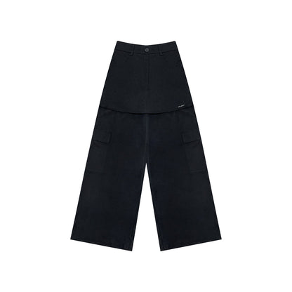 AsGony Fake-2-Piece Wide-Leg Casual Cargo Pants Navy Blue