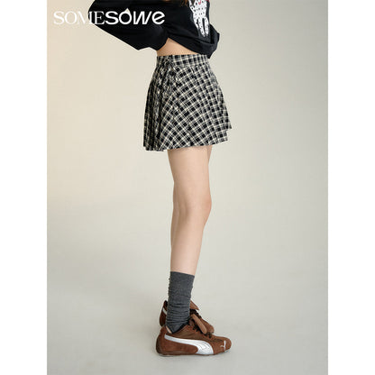 SomeSowe Bow Lace Up Plaid Pleated Skirt