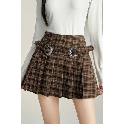 MacyMccoy Plaid High-Waist Belt A-Line Pleated Skirt