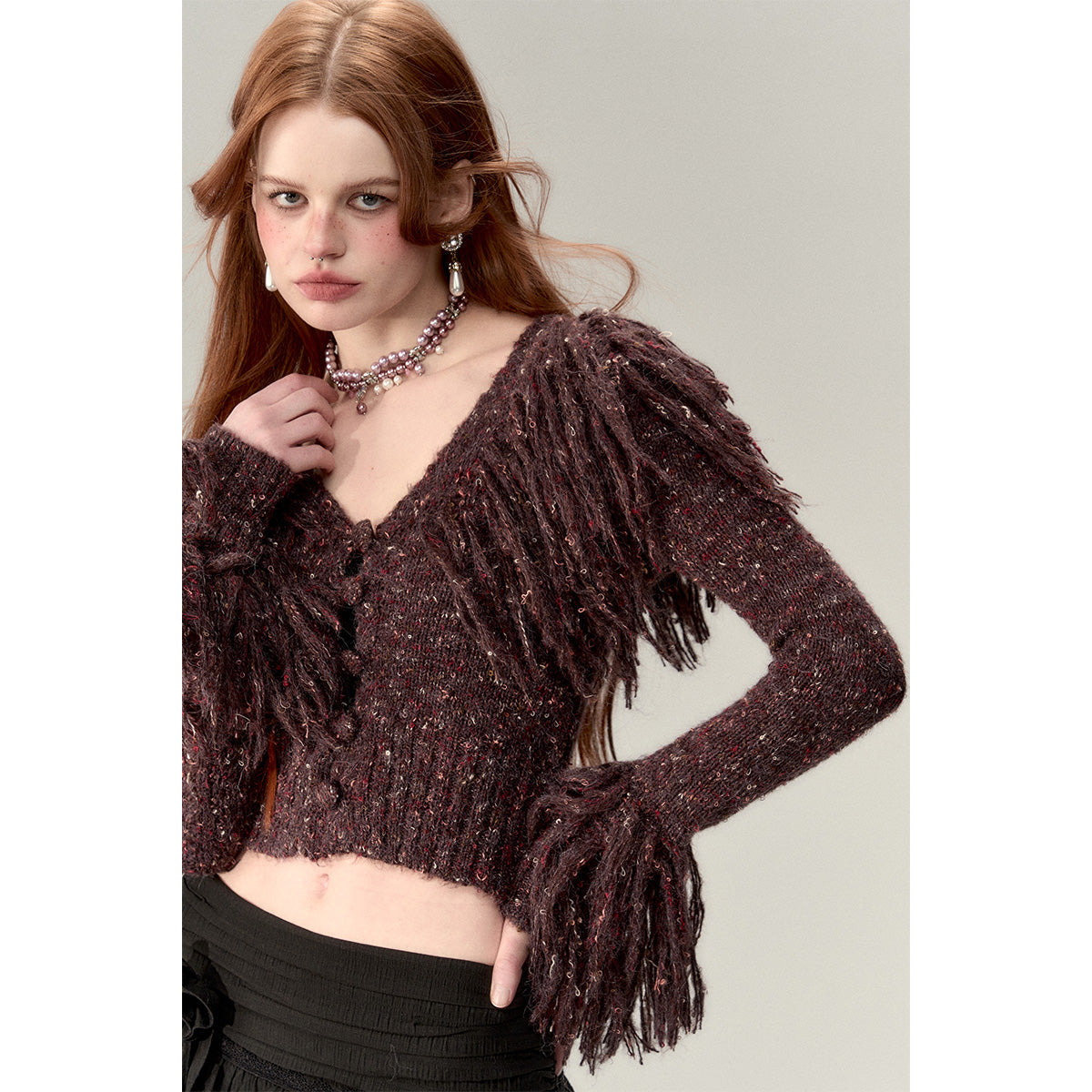 Via Pitti Heavy Tassel Knit Cardigan Dark Brown