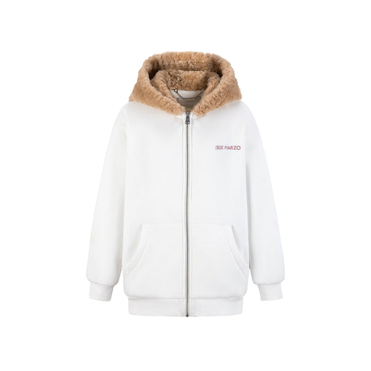 13De Marzo Bear Hood Zip Up Fuzzy Hoodie White