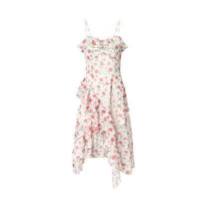 AsGony Printed Rose Floral Irregular Slip Dress White