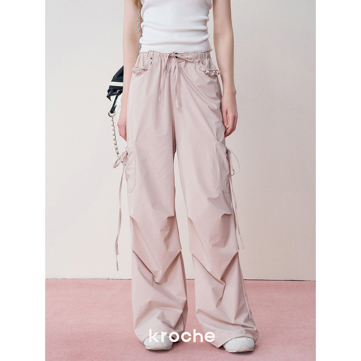 Kroche Lace Patchwork Bow Lace Up Cargo Pants Pink