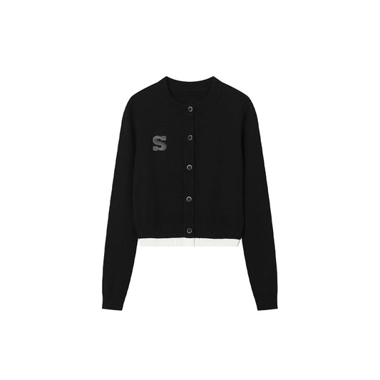 SomeSowe Color Blocked Logo Embroidery Cardigan Black