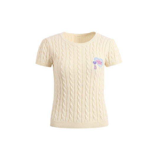 Wildshadow Heart Embroidery Twisted Knit Top Cream