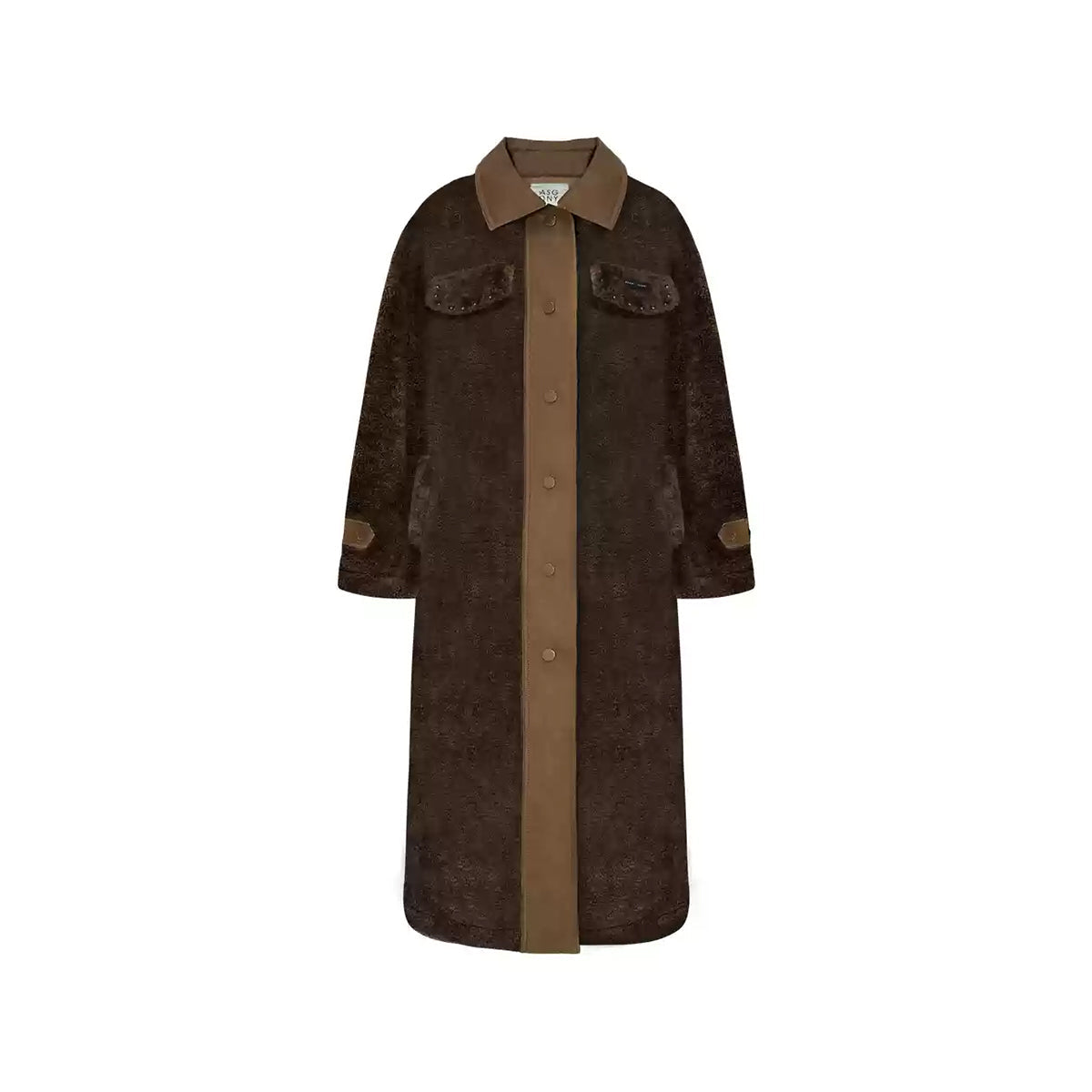 AsGony Fake-2-Piece Denim Patchwork Fleece Long Coat Brown