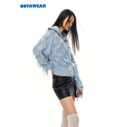 NotAwear Tassel Lapel Half-Zip Knit Sweater Blue