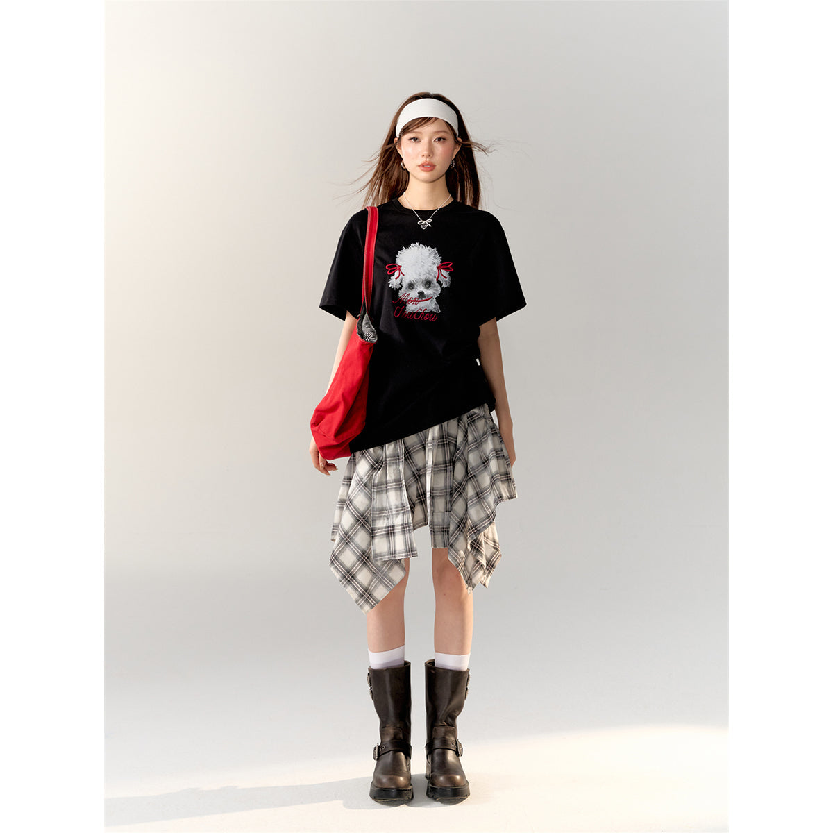 AsGony Puppy Printed Straight Shoulder T-Shirt Black