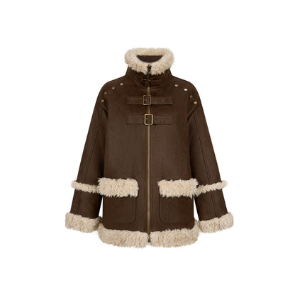 Via Pitti Fluffy Patchwork Reversible Suede Jacket Brown