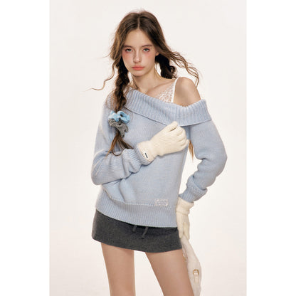 Kroche Lace Patchwork Diagonal Shoulder Woolen Sweater