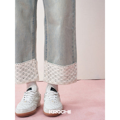 Kroche Lace Patchwork High Waist Washed Denim Jeans