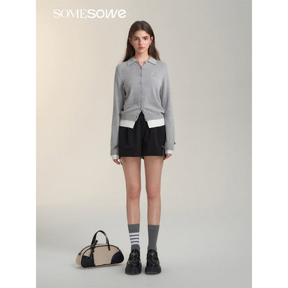 SomeSowe Fake-2-Piece Bow Knit Polo Cardigan Gray