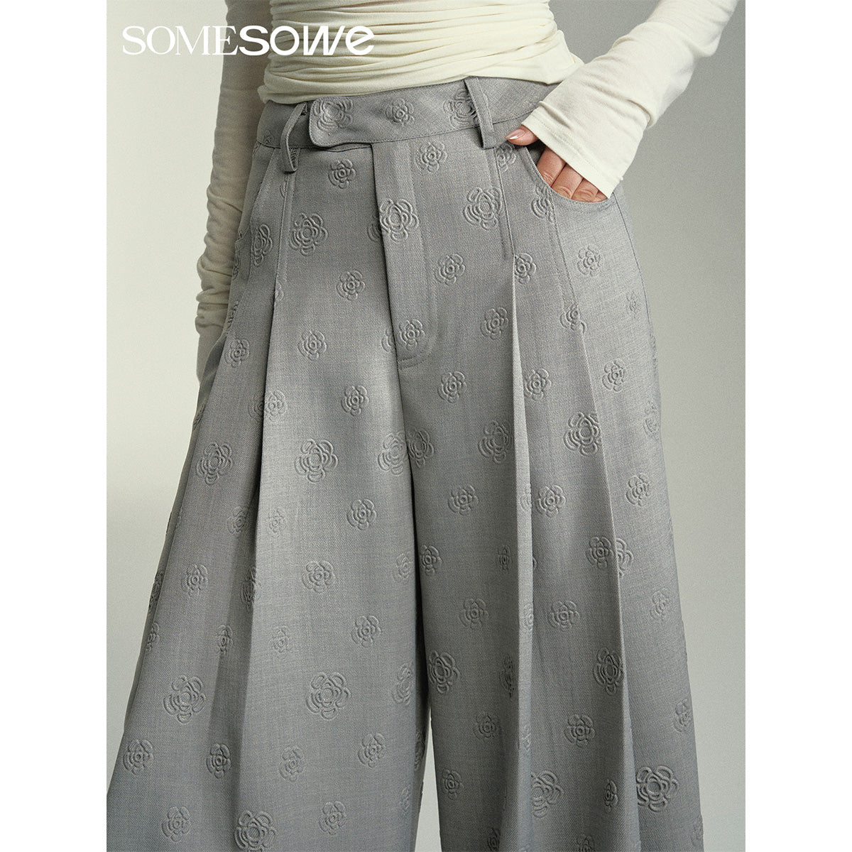 SomeSowe Floral Embossed High-Waisted Wide-Leg Pants Grey