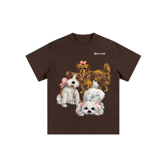 Shiitake Puppy Family Printed T-Shirt Brown