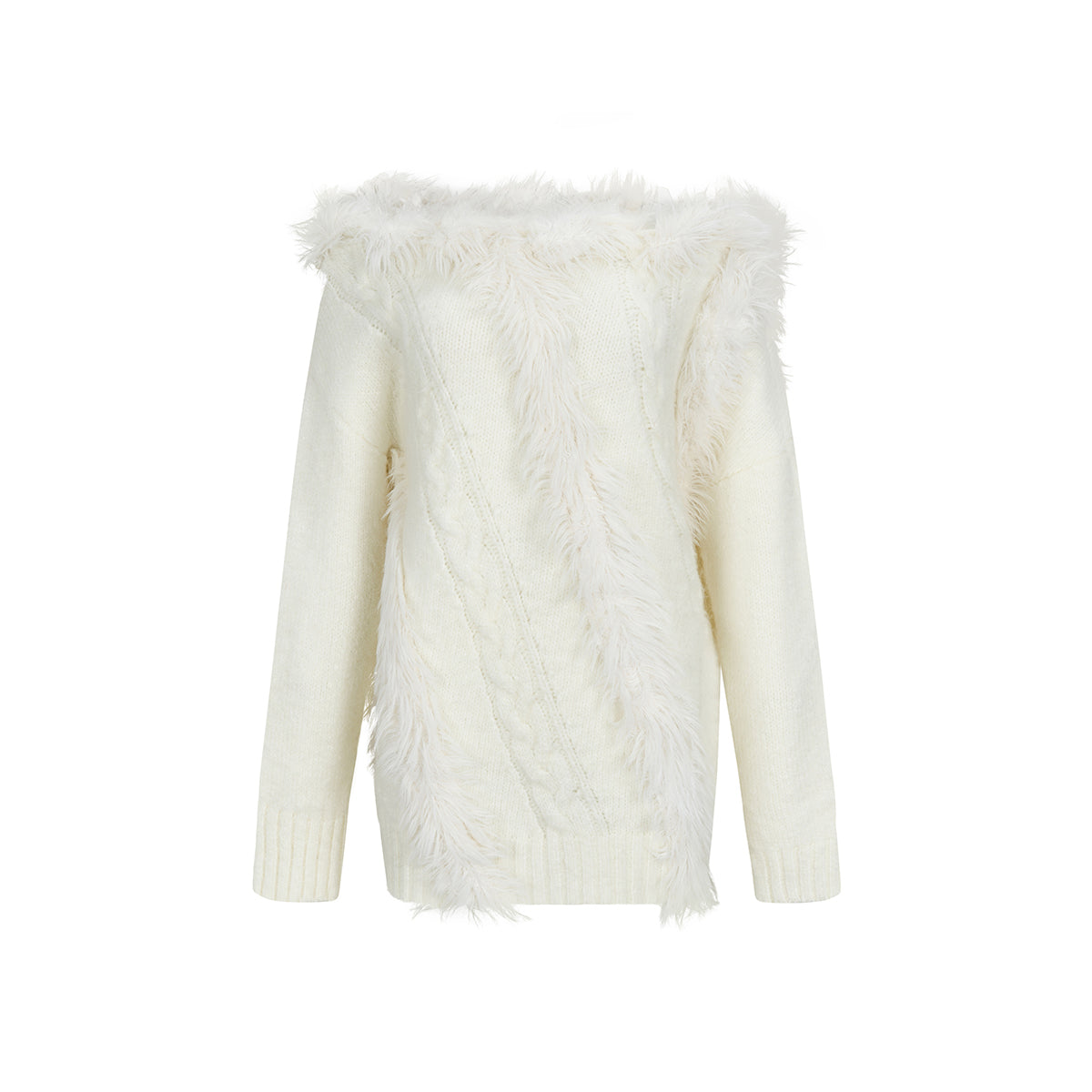 Via Pitti Off Shoulder Fur Integrated Knit Sweater White