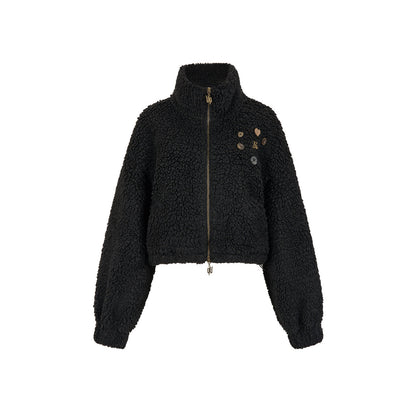 Via Pitti Drawstring Button Fleece Short Jacket Black