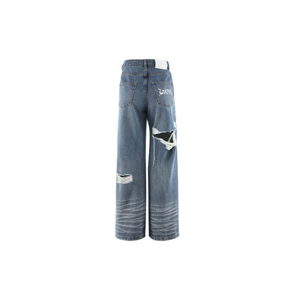 Via Pitti Destroyed Printed Logo Wide-Leg Jeans