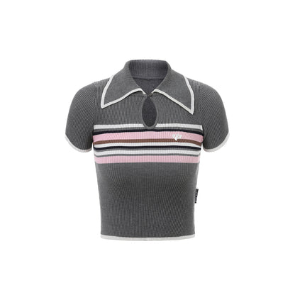 Via Pitti Color Blocked Striped Knit Crop Top Grey