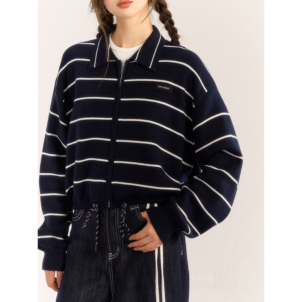 AsGony Contrast Color Drawstring Polo Knit Cardigan Navy Blue