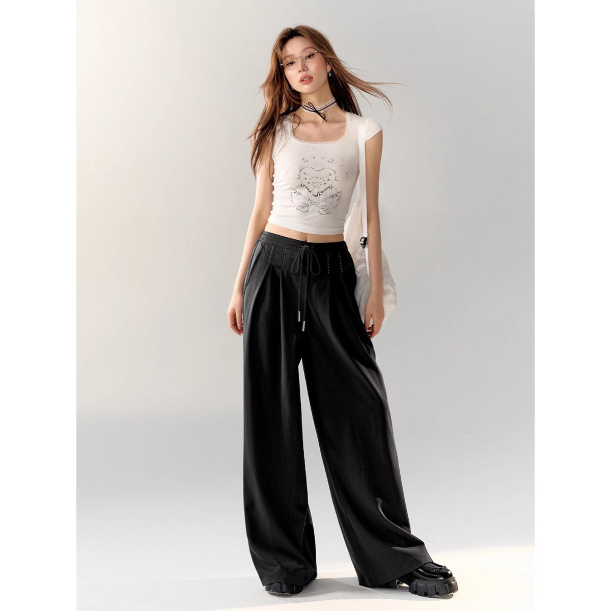 AsGony Stitching Drawstring Wide-Leg Suit Pants Black