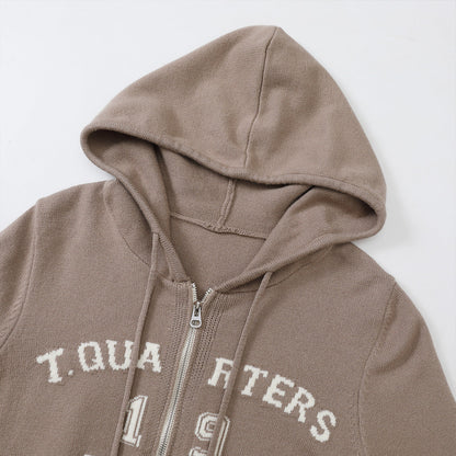 Three Quarters Letter Embroidery Hooded Jacket Brown