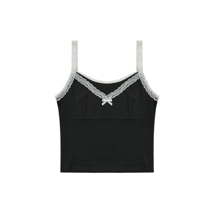 AsGony Bow Knot Lace Edge Patchwork Slip Vest Dark Grey