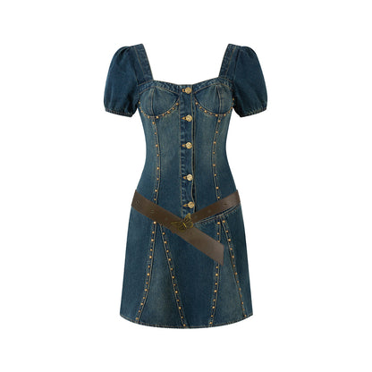 Eimismosol Retro Rivet Denim Belt Dress