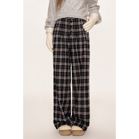 Kroche Plaid Long Breasted Wide-Leg Tweed Pants