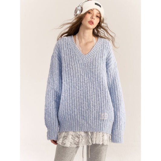 AsGony Blended Woolen V-Neck Knit Sweater Blue