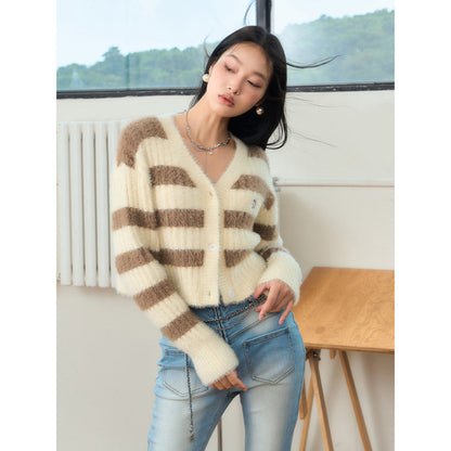 NotAwear Color Blocked Striped Knit Cardigan Brown