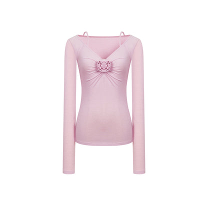 Three Quarters Plush Rose Slim Knit Sling Top Pink