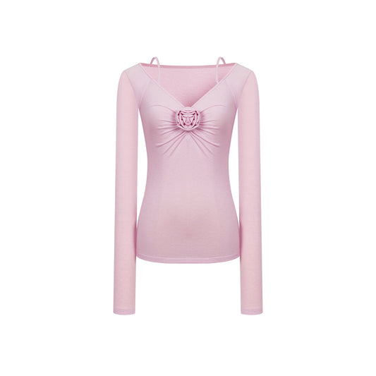 Three Quarters Plush Rose Slim Knit Sling Top Pink