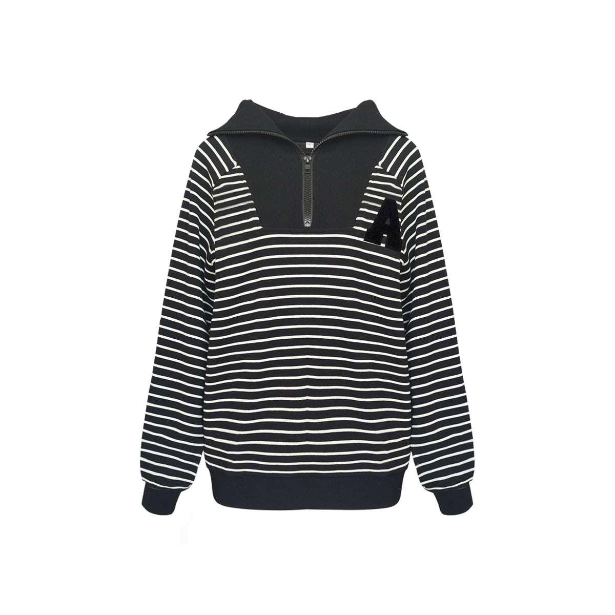 AsGony Striped Zipper Lapel Casual Sweater Black