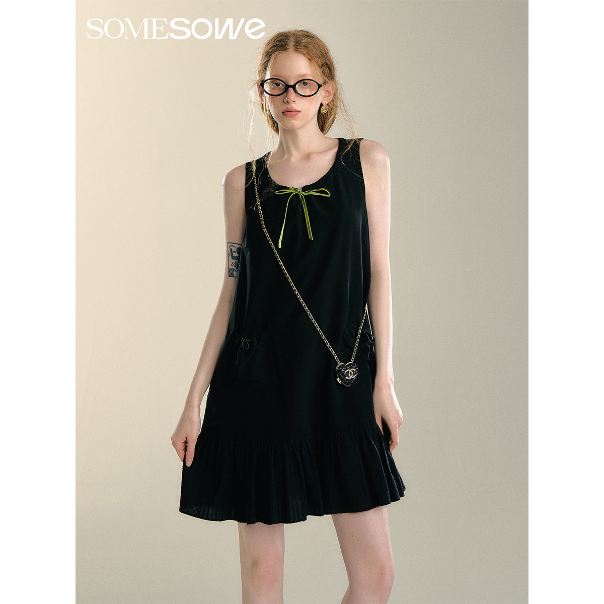 SomeSowe Bow Drawstring Cargo Vest Dress Black