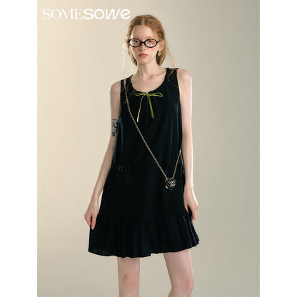 SomeSowe Bow Drawstring Cargo Vest Dress Black