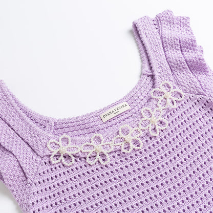 Diana Vevina Beaded Flower Hollow Knit Top Purple