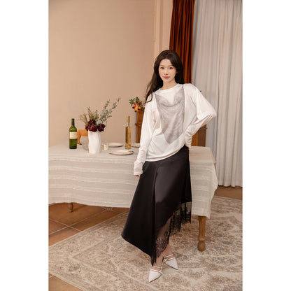 Three Quarters Lace Patchwork Irregular Long Skirt Black