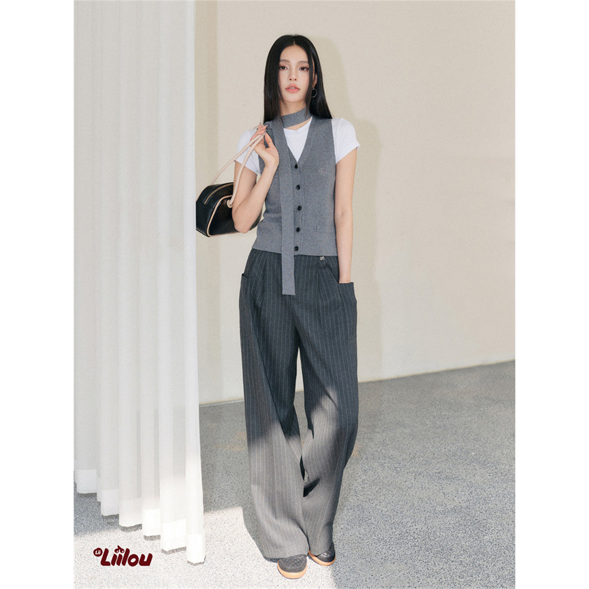 Liilou Striped High Waist Wide Leg Suit Pants Dark Grey