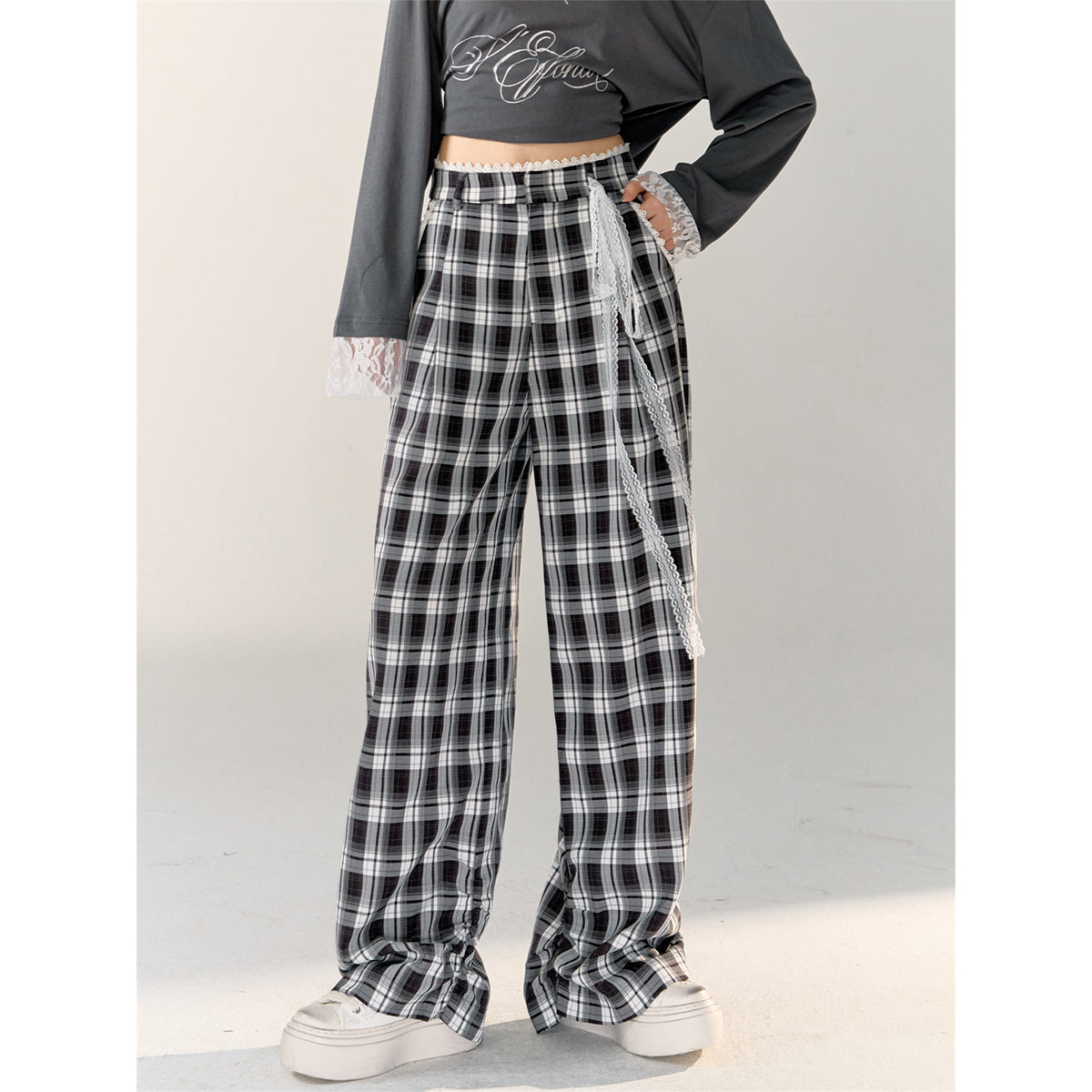 AsGony Lace Edge Plaid Casual Straight-Leg Pants Black