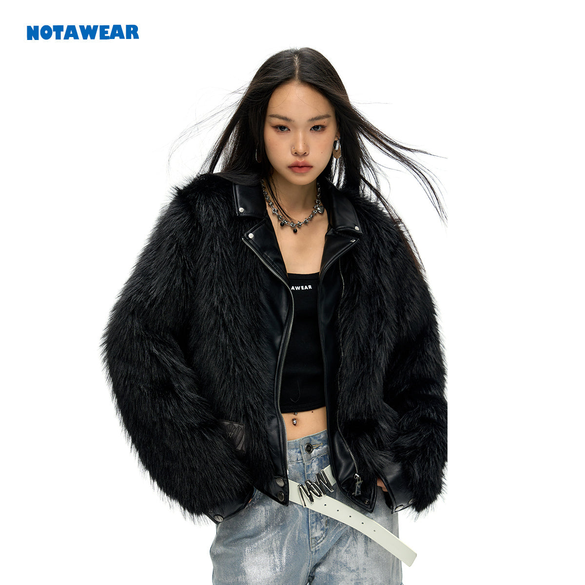 NotAwear Leather Collar Faux Fur Jacket Black