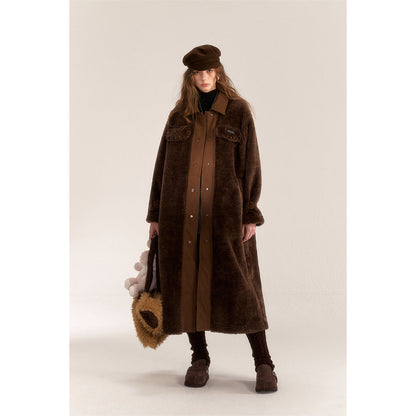 AsGony Fake-2-Piece Denim Patchwork Fleece Long Coat Brown