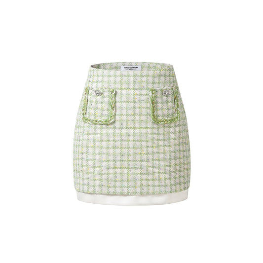 Three Quarters Checkered Pocket Tweed Skirt Green