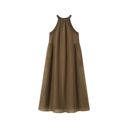 SomeSowe Pleated Texture Halter Dress Brown