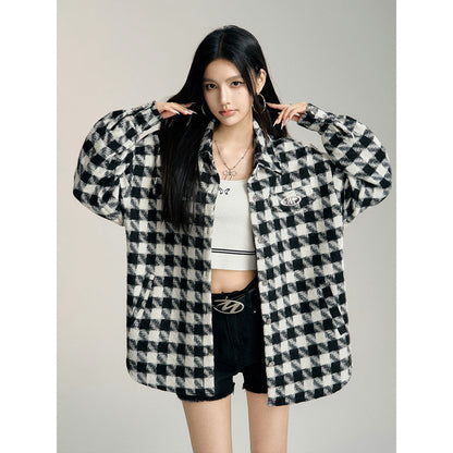 MacyMccoy Plaid Loose Versatile Shirt Jacket Black