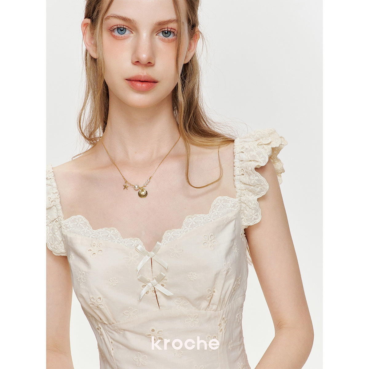 Kroche Hollow Out Embroidered Lace Short Dress Beige