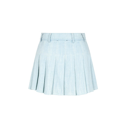 Three Quarters Pleated Denim Skirt Blue