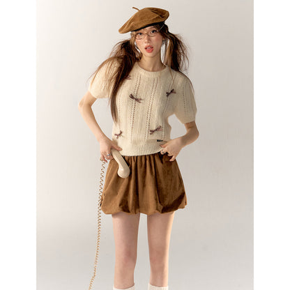 AsGony Bow Tie Puff Sleeve Knit Top Beige