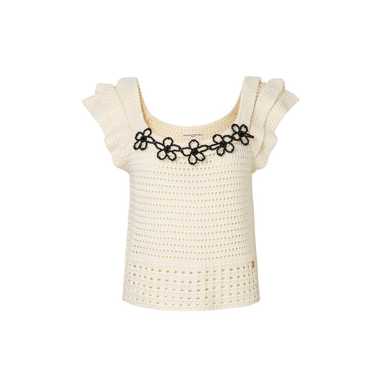 Diana Vevina Beaded Flower Hollow Knit Top Beige