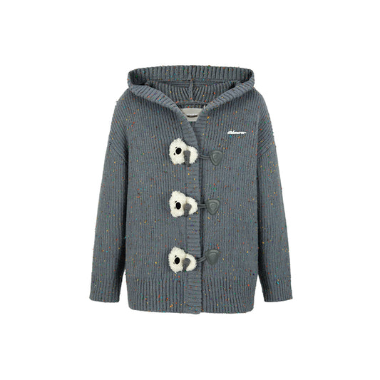 13De Marzo Colored Yarn Bear Knit Hooded Cardigan Gray