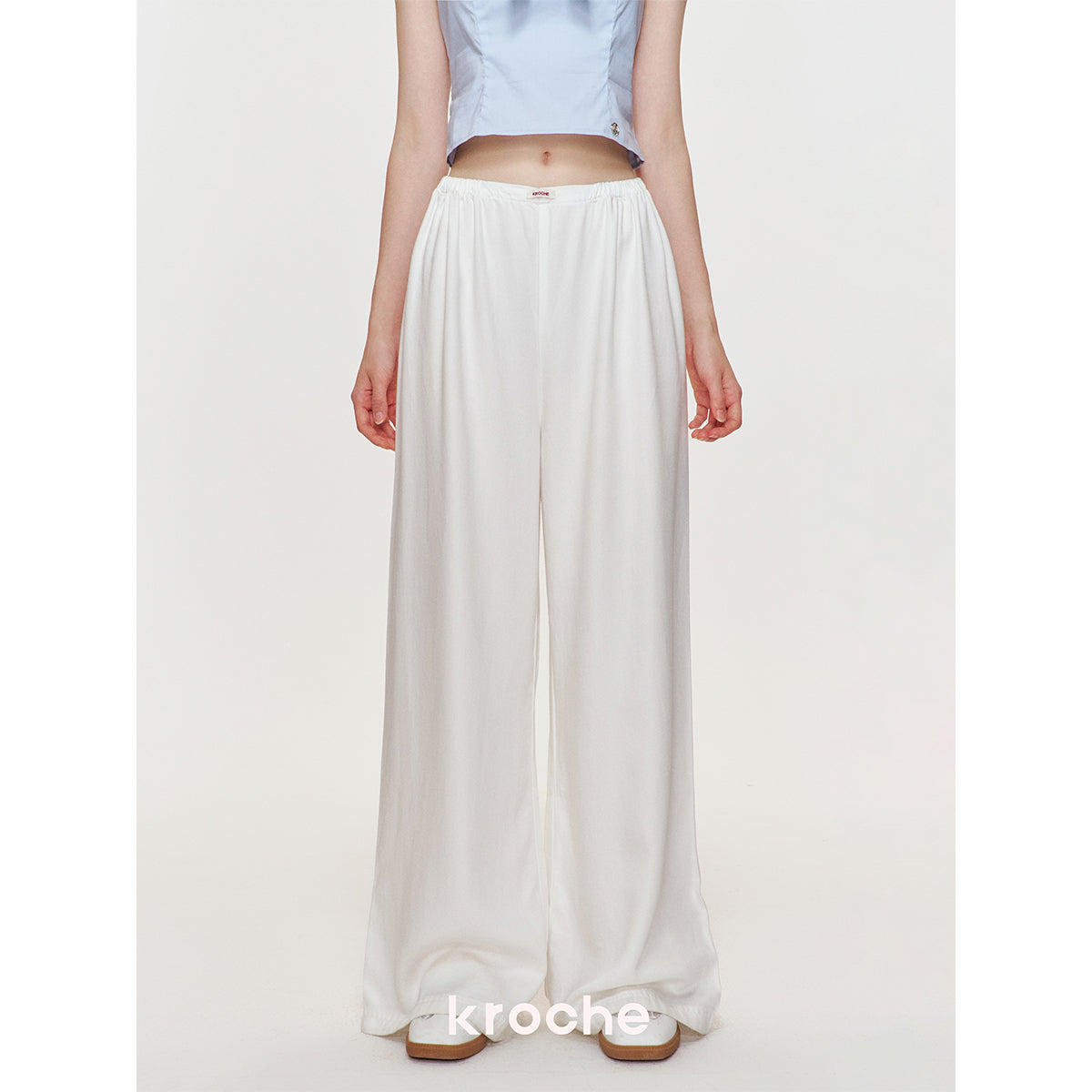 Kroche Silky Elastic-Waist Wide Leg Pants White